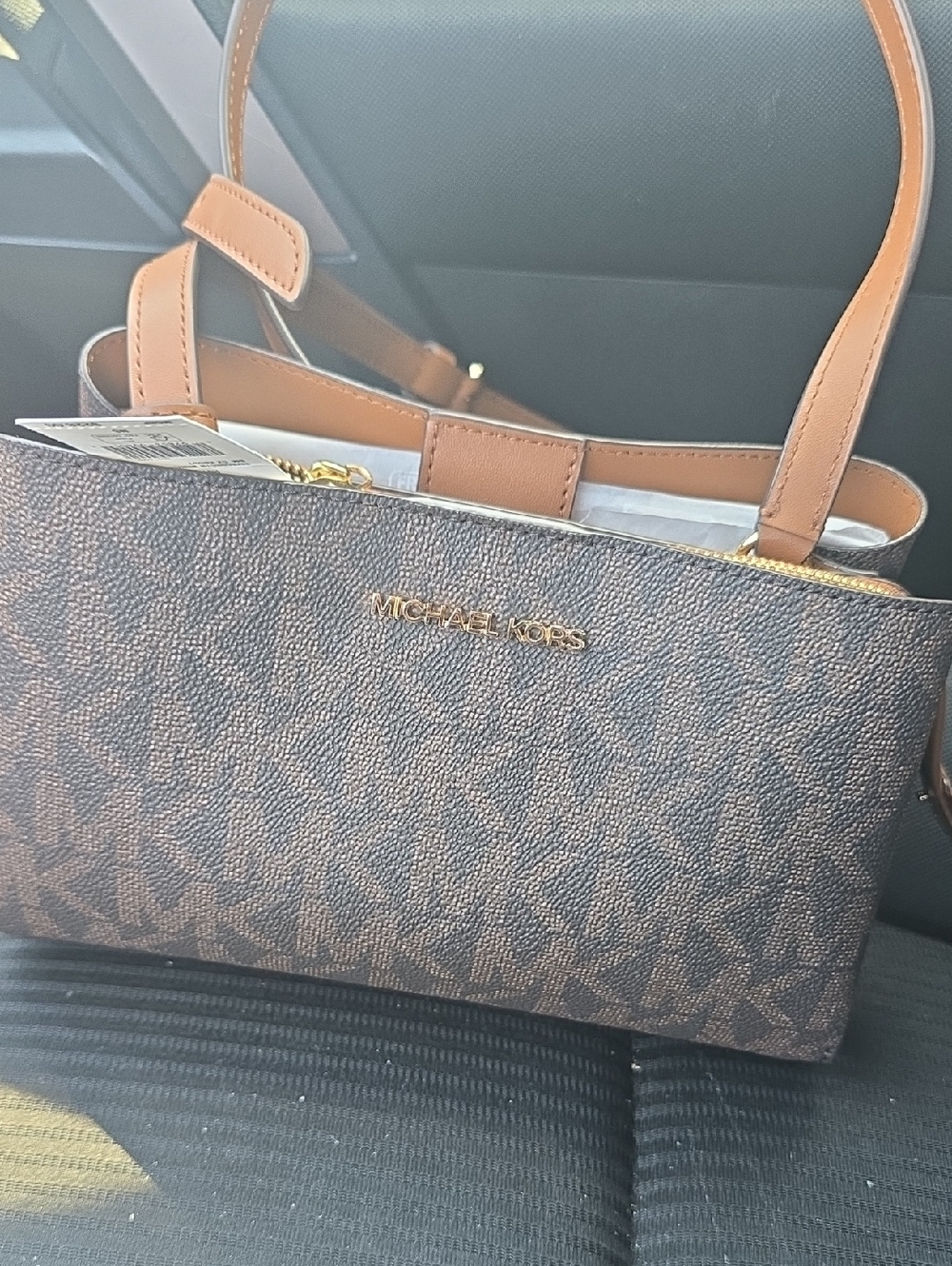 Michael Kors Men's Dark Brown Pebbled Leather Messenger Bag with Tan Straps - Picture 3 of 3